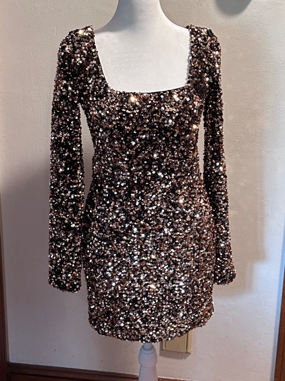 Sequin Long Sleeve Mini Dress - Rose Gold